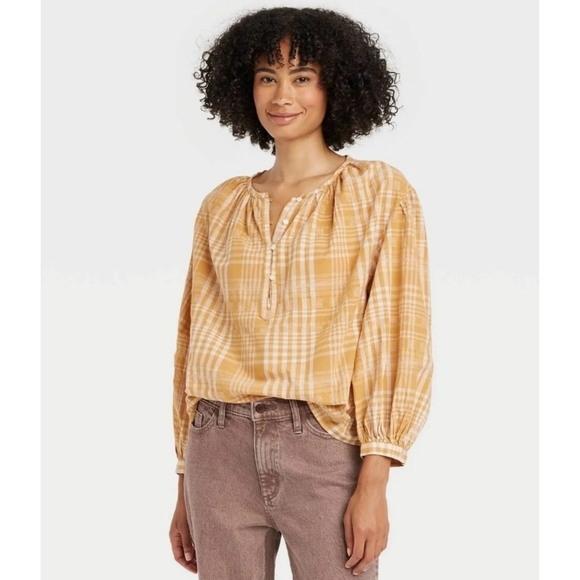 Universal Thread Balloon Sleeve Popover blouse Yellow Plaid Size XS - Picture 1 of 12